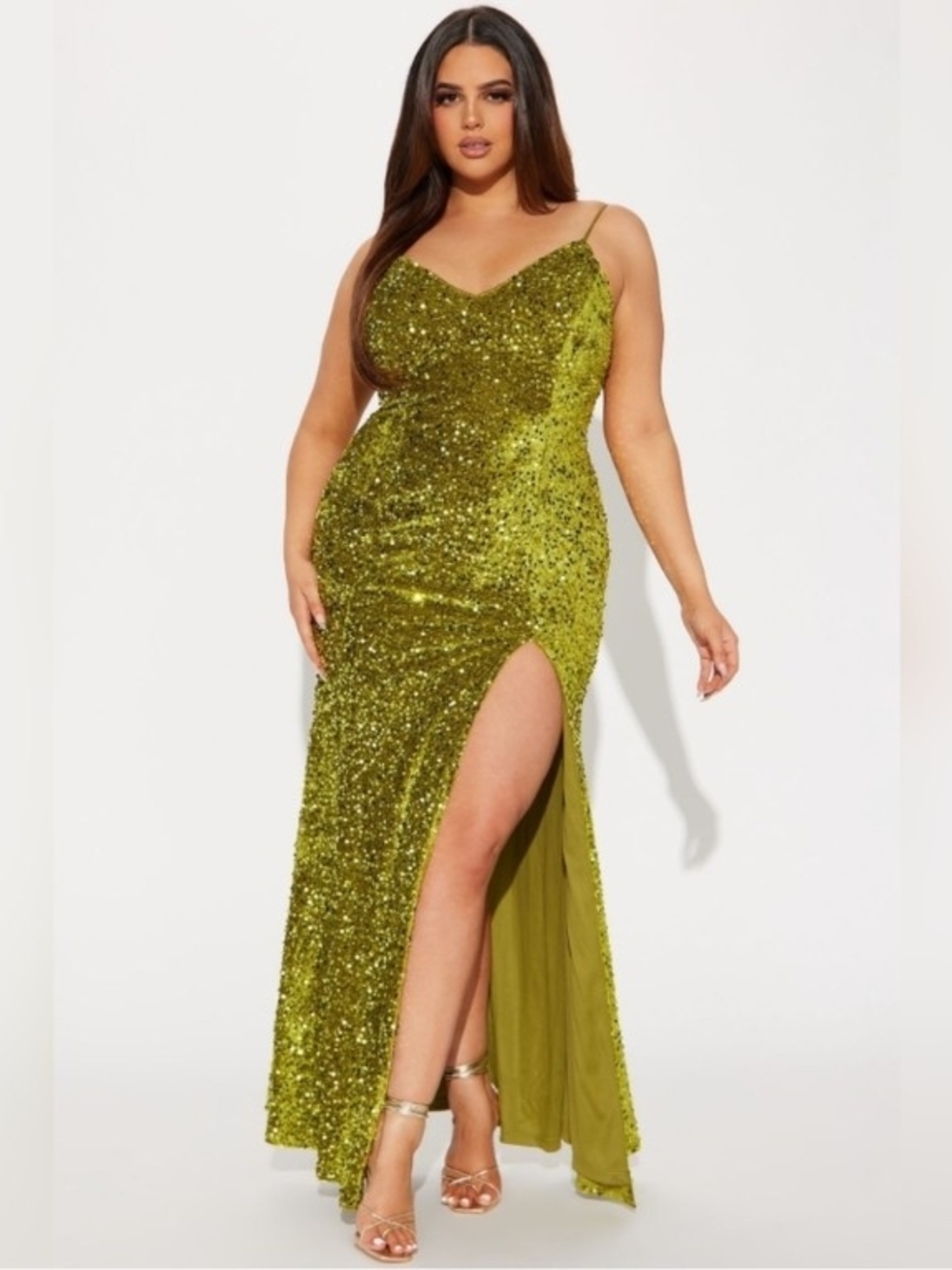 Fashion Nova Olive Green Sequin V-Neck Slit Gown